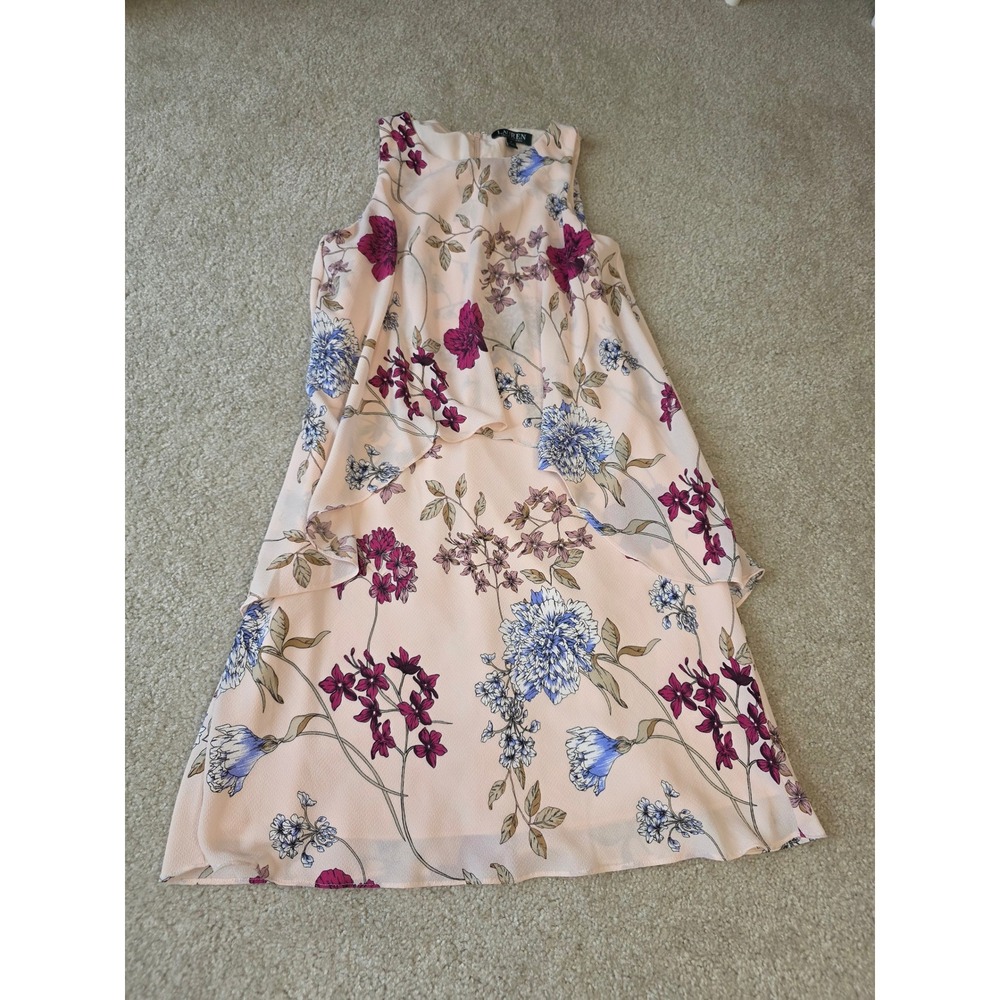 Lauren Ralph Lauren Pink Floral Tiered Sleeveless Dress Size 4 High Neck